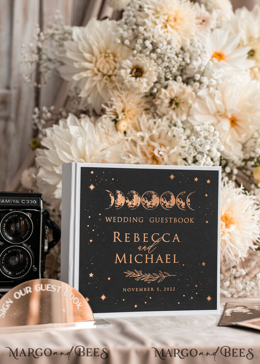 HOCHZEITS-GÄSTEBÜCHER Instax Sofortbildbuch Fotoalbum Hochzeits-Gästebuch personalisiert mit Bogen-Spiegel-Schild-Set, Schwarz Gold Sofortfoto-Buch Boho Halloween Instax Hochzeitsfoto-Gästebuch