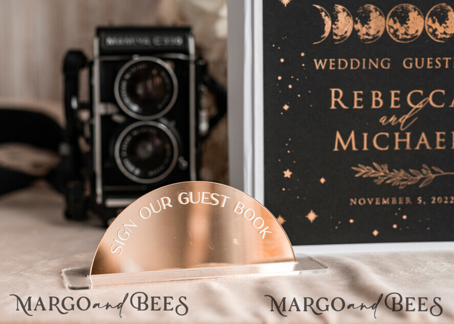 HOCHZEITS-GÄSTEBÜCHER Instax Sofortbildbuch Fotoalbum Hochzeits-Gästebuch personalisiert mit Bogen-Spiegel-Schild-Set, Schwarz Gold Sofortfoto-Buch Boho Halloween Instax Hochzeitsfoto-Gästebuch