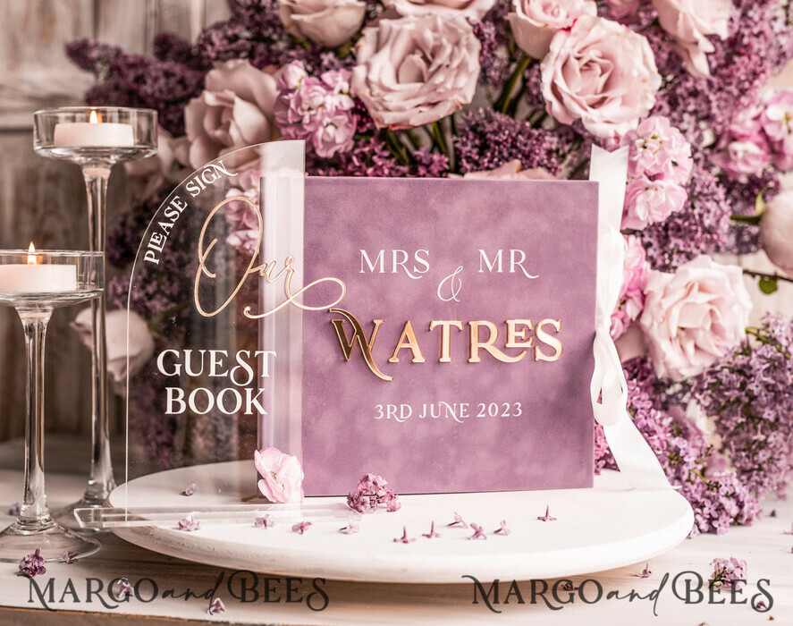 HOCHZEITS-GÄSTEBÜCHER Instax Sofortbildbuch Mauve Gold Acryl Hochzeitsgästebuch Personalisiert, Samt Staubiger Rosé Sofortbildbuch Boho Elegant Instax Hochzeitsfoto Gästebuch