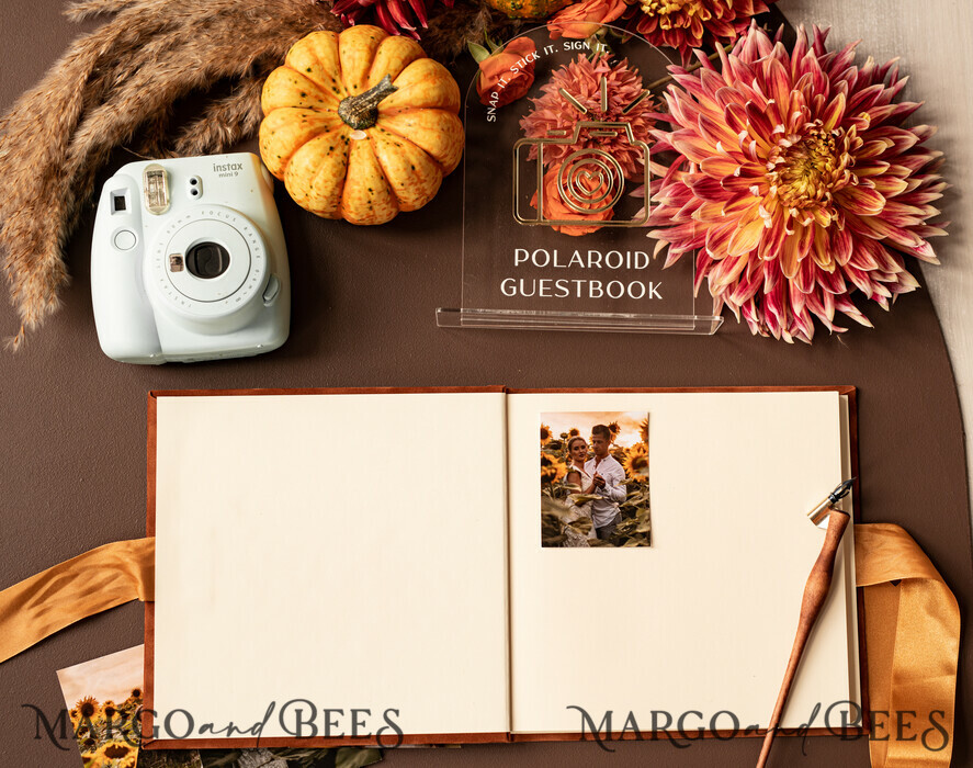 HOCHZEITS-GÄSTEBÜCHER Instax Sofortbildbuch Fall Terracotta Gold Acryl Hochzeitsgäste-Buch personalisiert und Unterschriften-Set, Velvet Rust Sofortbildbuch Boho Elegant Instax Hochzeitsfoto Gästebuch