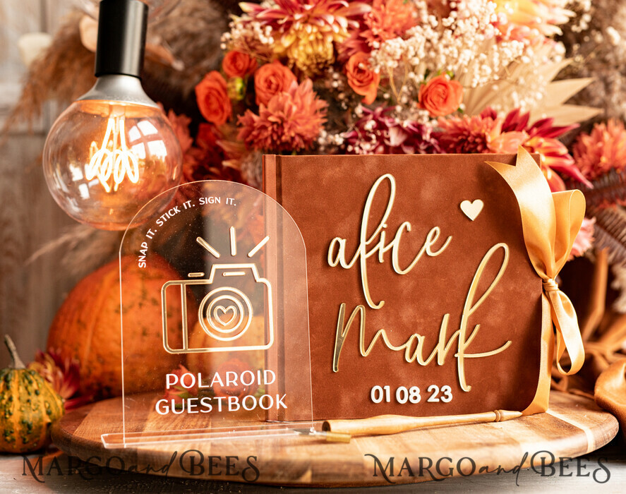 HOCHZEITS-GÄSTEBÜCHER Instax Sofortbildbuch Fall Terracotta Gold Acryl Hochzeitsgäste-Buch personalisiert und Unterschriften-Set, Velvet Rust Sofortbildbuch Boho Elegant Instax Hochzeitsfoto Gästebuch