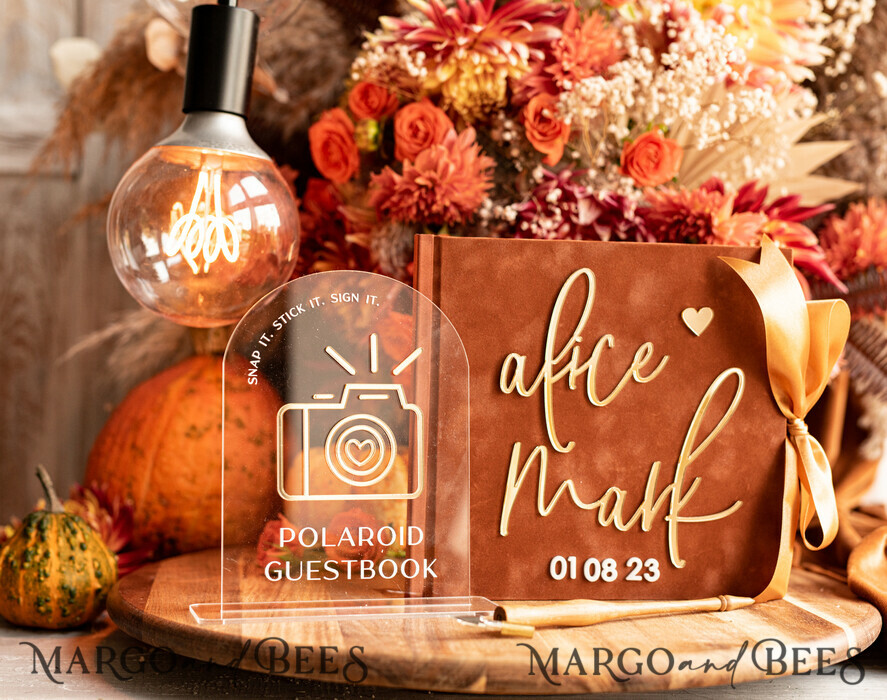 HOCHZEITS-GÄSTEBÜCHER Instax Sofortbildbuch Fall Terracotta Gold Acryl Hochzeitsgäste-Buch personalisiert und Unterschriften-Set, Velvet Rust Sofortbildbuch Boho Elegant Instax Hochzeitsfoto Gästebuch