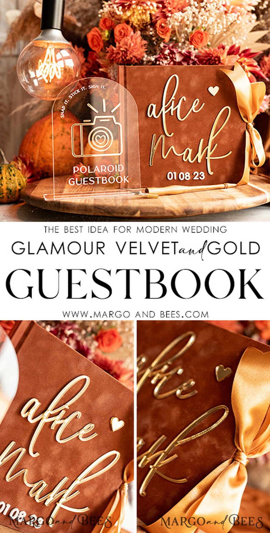 HOCHZEITS-GÄSTEBÜCHER Instax Sofortbildbuch Fall Terracotta Gold Acryl Hochzeitsgäste-Buch personalisiert und Unterschriften-Set, Velvet Rust Sofortbildbuch Boho Elegant Instax Hochzeitsfoto Gästebuch