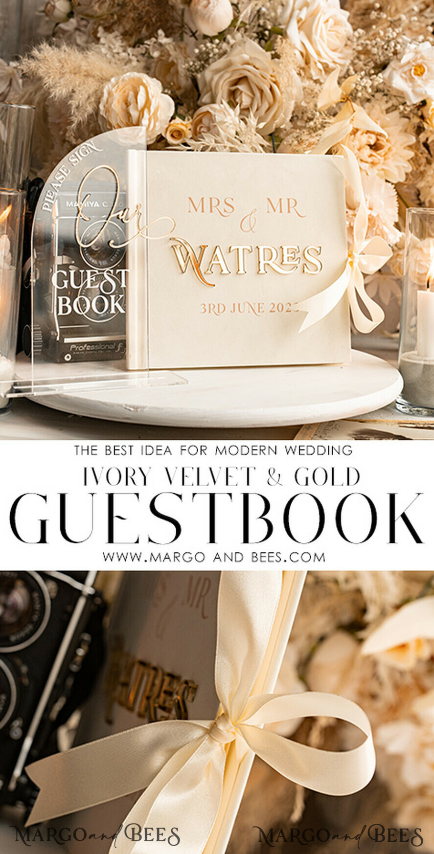 HOCHZEITS-GÄSTEBÜCHER Instax Sofortbildbuch Elfenbein Gold Acryl Hochzeitsgäste Buch personalisiert & Signaturset, Samt Sofortbildbuch Boho Elegantes Instax Hochzeitsfoto Gästebuch