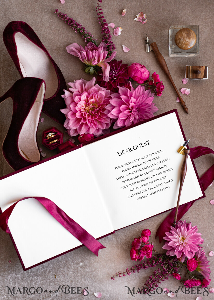 HOCHZEITS-GÄSTEBÜCHER Instax Sofortbildbuch Bordeaux Gold Acryl Hochzeits-Gästebuch personalisiert mit Unterschriftenset, Velvet Garden Burgunder Sofortbildbuch Boho Elegantes Marsala Instax Hochzeitsfoto-Gästebuch
