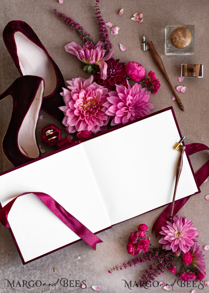 HOCHZEITS-GÄSTEBÜCHER Instax Sofortbildbuch Bordeaux Gold Acryl Hochzeits-Gästebuch personalisiert mit Unterschriftenset, Velvet Garden Burgunder Sofortbildbuch Boho Elegantes Marsala Instax Hochzeitsfoto-Gästebuch