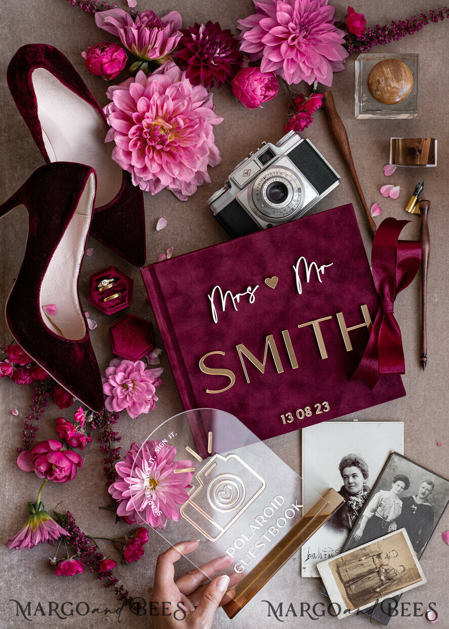 HOCHZEITS-GÄSTEBÜCHER Instax Sofortbildbuch Bordeaux Gold Acryl Hochzeits-Gästebuch personalisiert mit Unterschriftenset, Velvet Garden Burgunder Sofortbildbuch Boho Elegantes Marsala Instax Hochzeitsfoto-Gästebuch