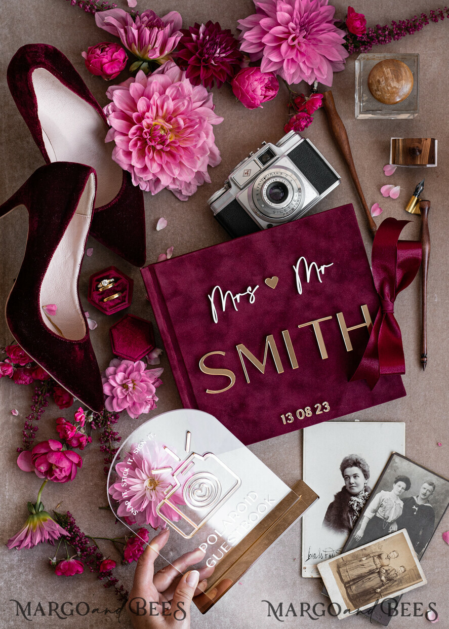 HOCHZEITS-GÄSTEBÜCHER Instax Sofortbildbuch Bordeaux Gold Acryl Hochzeits-Gästebuch personalisiert mit Unterschriftenset, Velvet Garden Burgunder Sofortbildbuch Boho Elegantes Marsala Instax Hochzeitsfoto-Gästebuch