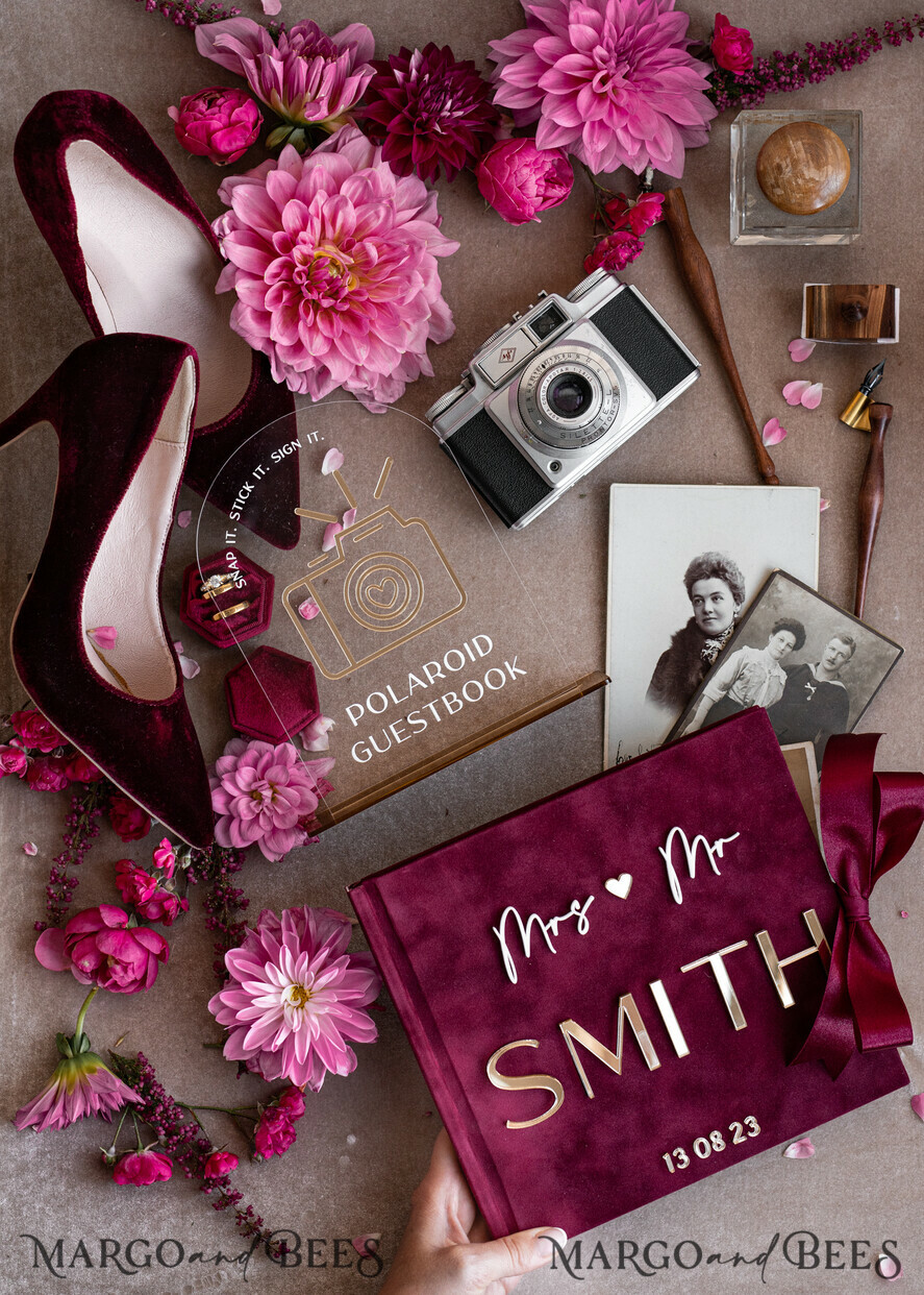 HOCHZEITS-GÄSTEBÜCHER Instax Sofortbildbuch Bordeaux Gold Acryl Hochzeits-Gästebuch personalisiert mit Unterschriftenset, Velvet Garden Burgunder Sofortbildbuch Boho Elegantes Marsala Instax Hochzeitsfoto-Gästebuch