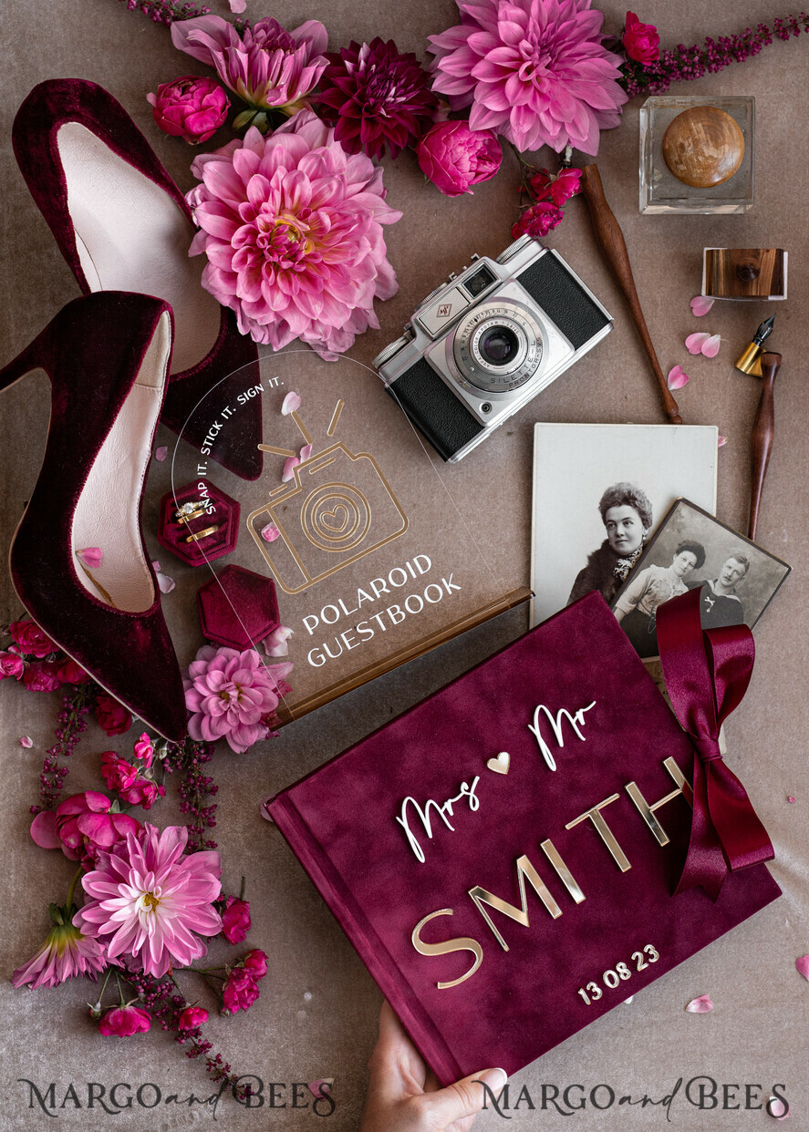 HOCHZEITS-GÄSTEBÜCHER Instax Sofortbildbuch Bordeaux Gold Acryl Hochzeits-Gästebuch personalisiert mit Unterschriftenset, Velvet Garden Burgunder Sofortbildbuch Boho Elegantes Marsala Instax Hochzeitsfoto-Gästebuch