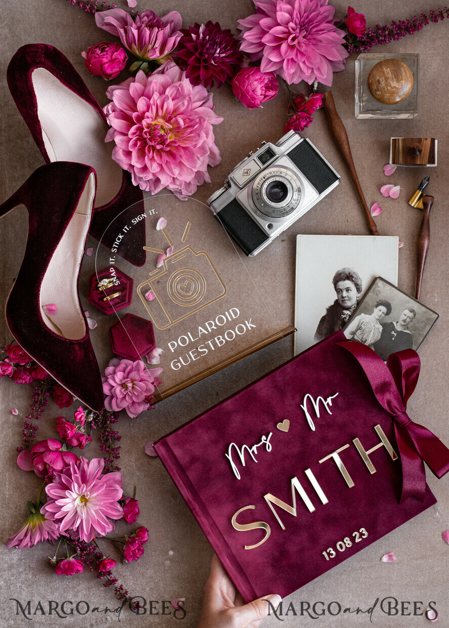 HOCHZEITS-GÄSTEBÜCHER Instax Sofortbildbuch Bordeaux Gold Acryl Hochzeits-Gästebuch personalisiert mit Unterschriftenset, Velvet Garden Burgunder Sofortbildbuch Boho Elegantes Marsala Instax Hochzeitsfoto-Gästebuch
