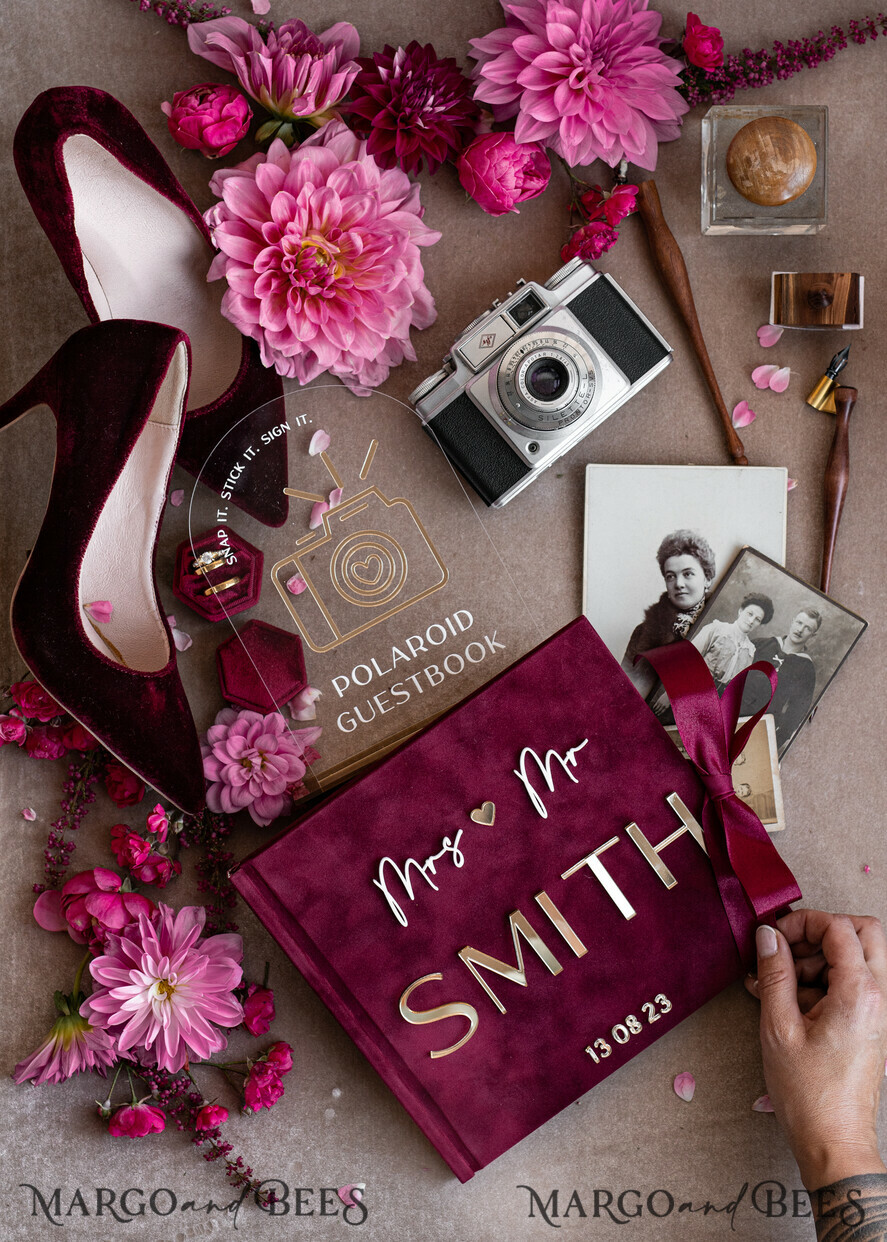 HOCHZEITS-GÄSTEBÜCHER Instax Sofortbildbuch Bordeaux Gold Acryl Hochzeits-Gästebuch personalisiert mit Unterschriftenset, Velvet Garden Burgunder Sofortbildbuch Boho Elegantes Marsala Instax Hochzeitsfoto-Gästebuch