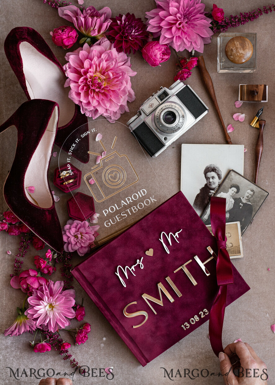 HOCHZEITS-GÄSTEBÜCHER Instax Sofortbildbuch Bordeaux Gold Acryl Hochzeits-Gästebuch personalisiert mit Unterschriftenset, Velvet Garden Burgunder Sofortbildbuch Boho Elegantes Marsala Instax Hochzeitsfoto-Gästebuch