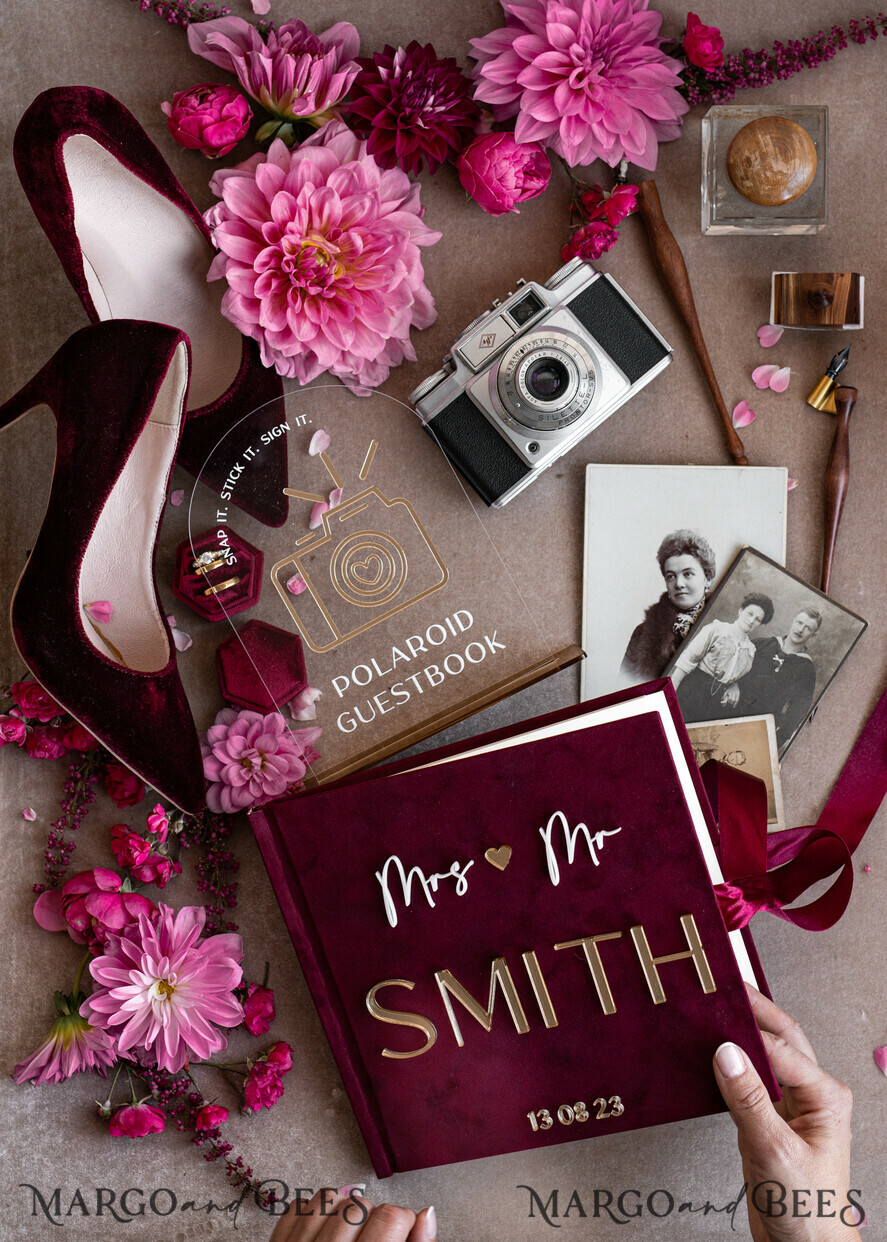 HOCHZEITS-GÄSTEBÜCHER Instax Sofortbildbuch Bordeaux Gold Acryl Hochzeits-Gästebuch personalisiert mit Unterschriftenset, Velvet Garden Burgunder Sofortbildbuch Boho Elegantes Marsala Instax Hochzeitsfoto-Gästebuch