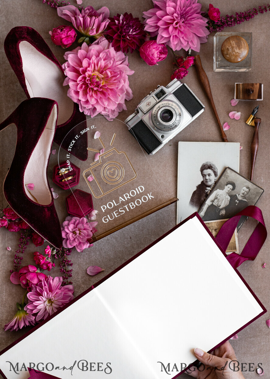 HOCHZEITS-GÄSTEBÜCHER Instax Sofortbildbuch Bordeaux Gold Acryl Hochzeits-Gästebuch personalisiert mit Unterschriftenset, Velvet Garden Burgunder Sofortbildbuch Boho Elegantes Marsala Instax Hochzeitsfoto-Gästebuch