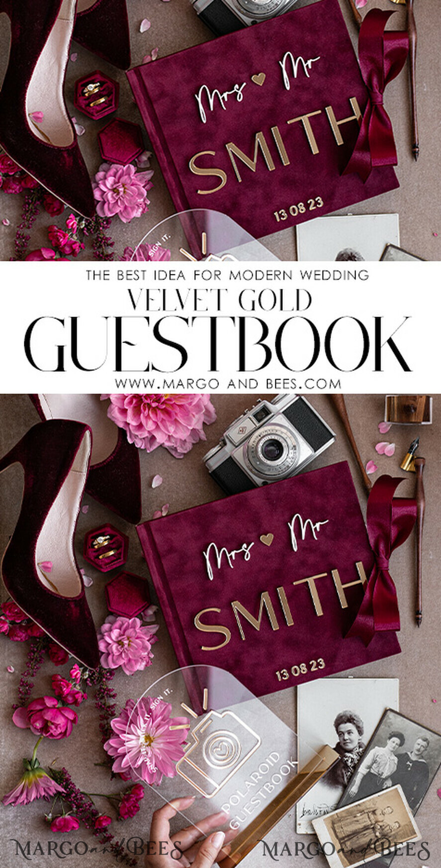 HOCHZEITS-GÄSTEBÜCHER Instax Sofortbildbuch Bordeaux Gold Acryl Hochzeits-Gästebuch personalisiert mit Unterschriftenset, Velvet Garden Burgunder Sofortbildbuch Boho Elegantes Marsala Instax Hochzeitsfoto-Gästebuch