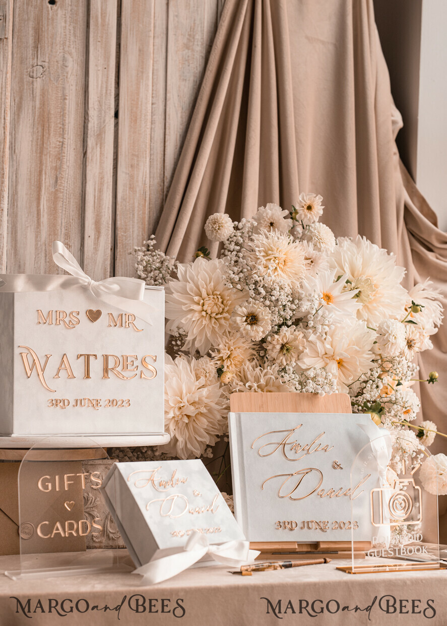 HOCHZEITS-GÄSTEBÜCHER Instax Sofortbildbuch Reines Weiß Gold Acryl Hochzeitsgäste Buch Personalisierte und Unterschriftenset, Samt Sofortfoto Buch Boho Elegantes Instax Hochzeitsfoto Gästebuch