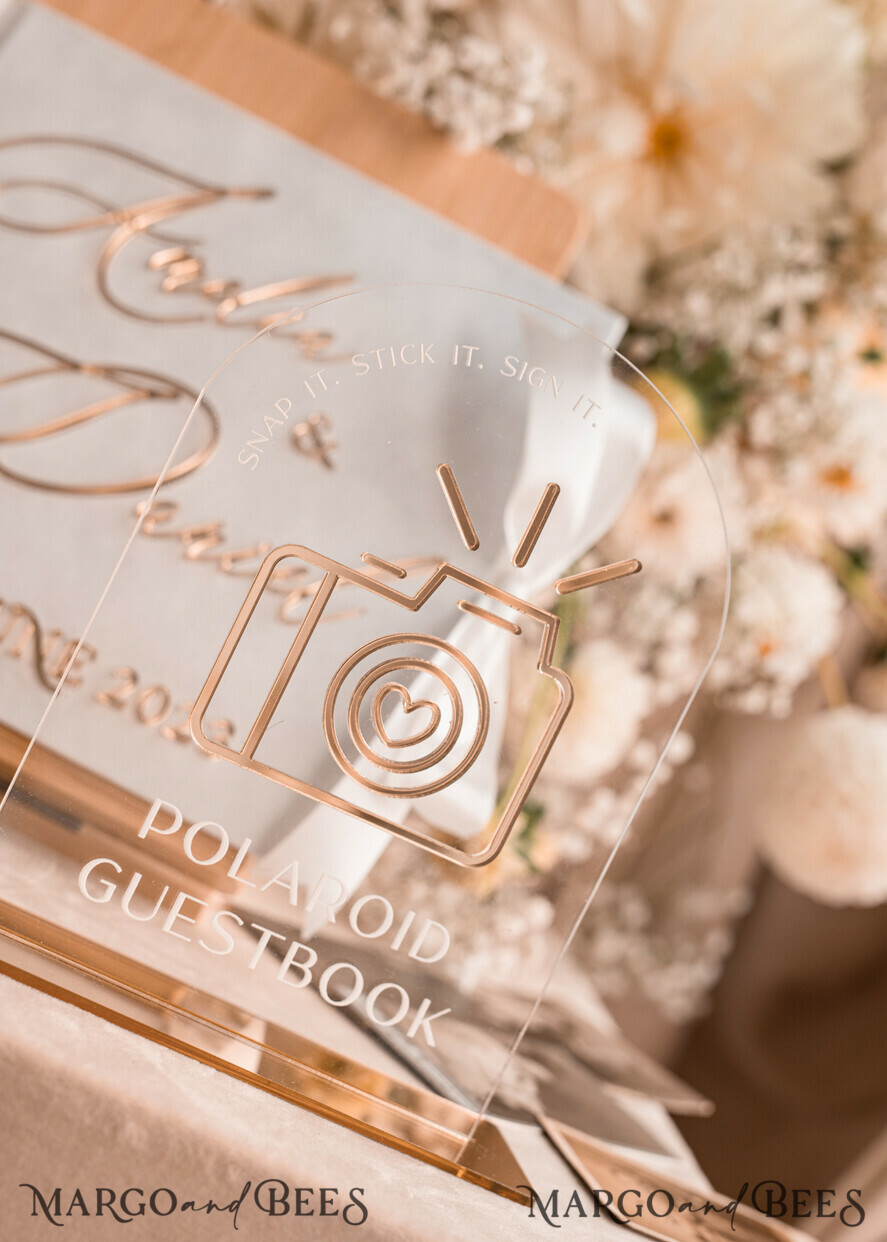 HOCHZEITS-GÄSTEBÜCHER Instax Sofortbildbuch Reines Weiß Gold Acryl Hochzeitsgäste Buch Personalisierte und Unterschriftenset, Samt Sofortfoto Buch Boho Elegantes Instax Hochzeitsfoto Gästebuch