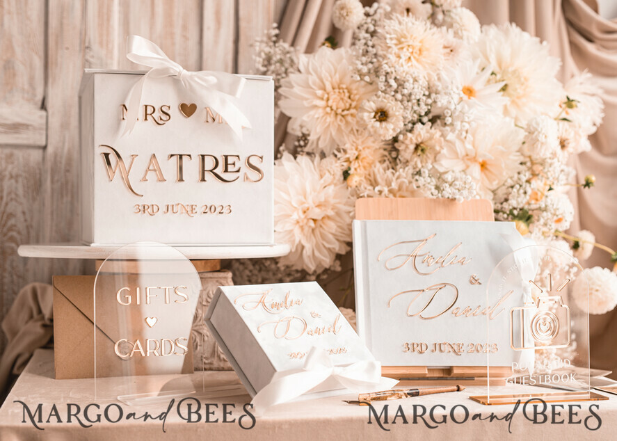 HOCHZEITS-GÄSTEBÜCHER Instax Sofortbildbuch Reines Weißes Gold Acryl Hochzeitsgäste Buch Personalisierte und Unterschriften Set, Samt Sofortfoto Buch Boho Eleganter Instax Hochzeitsfoto Gästebuch