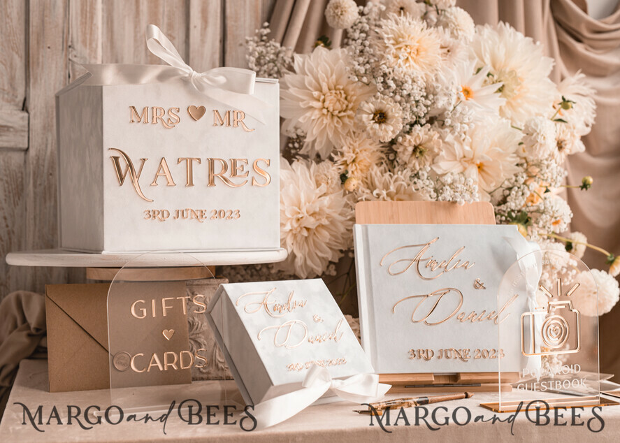 HOCHZEITS-GÄSTEBÜCHER Instax Sofortbildbuch Reines Weißes Gold Acryl Hochzeitsgäste Buch Personalisierte und Unterschriften Set, Samt Sofortfoto Buch Boho Eleganter Instax Hochzeitsfoto Gästebuch
