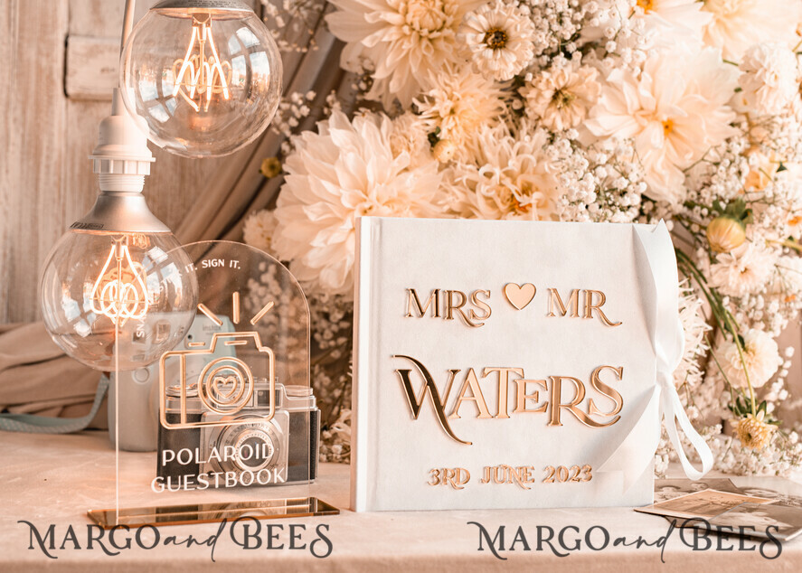 HOCHZEITS-GÄSTEBÜCHER Instax Sofortbildbuch Reines Weißes Gold Acryl Hochzeitsgäste Buch Personalisierte und Unterschriften Set, Samt Sofortfoto Buch Boho Eleganter Instax Hochzeitsfoto Gästebuch