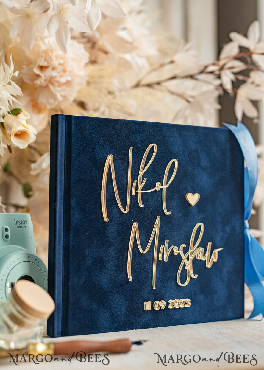 HOCHZEITS-GÄSTEBÜCHER Instax Sofortbildbuch Marinblaues Gold Acryl-Hochzeitsgastbuch mit personalisiertem Signaturset, Samt Dunkelblau Sofortbildbuch Boho Elegantes Instax Hochzeitsfoto-Gästebuch