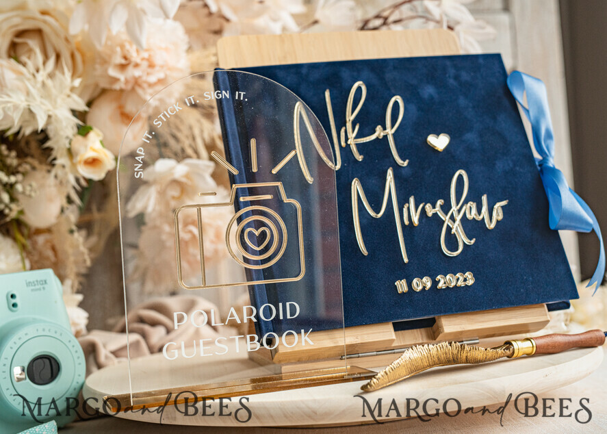HOCHZEITS-GÄSTEBÜCHER Instax Sofortbildbuch Marinblaues Gold Acryl-Hochzeitsgastbuch mit personalisiertem Signaturset, Samt Dunkelblau Sofortbildbuch Boho Elegantes Instax Hochzeitsfoto-Gästebuch