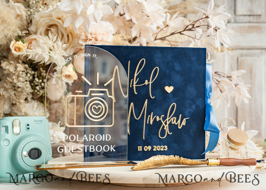 HOCHZEITS-GÄSTEBÜCHER Instax Sofortbildbuch Marinblaues Gold Acryl-Hochzeitsgastbuch mit personalisiertem Signaturset, Samt Dunkelblau Sofortbildbuch Boho Elegantes Instax Hochzeitsfoto-Gästebuch