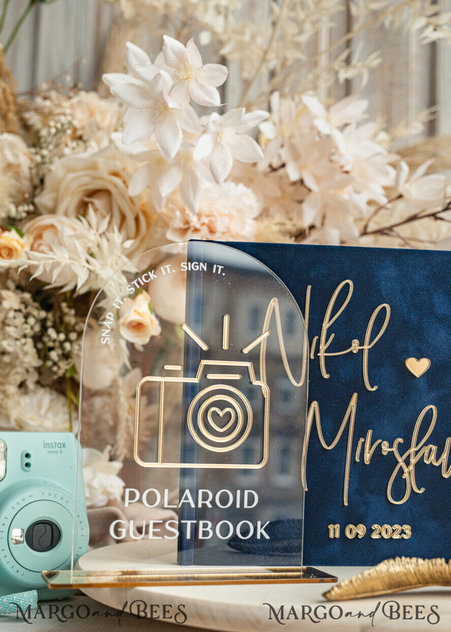 HOCHZEITS-GÄSTEBÜCHER Instax Sofortbildbuch Marinblaues Gold Acryl-Hochzeitsgastbuch mit personalisiertem Signaturset, Samt Dunkelblau Sofortbildbuch Boho Elegantes Instax Hochzeitsfoto-Gästebuch