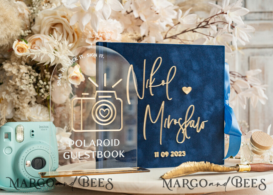 HOCHZEITS-GÄSTEBÜCHER Instax Sofortbildbuch Marinblaues Gold Acryl-Hochzeitsgastbuch mit personalisiertem Signaturset, Samt Dunkelblau Sofortbildbuch Boho Elegantes Instax Hochzeitsfoto-Gästebuch