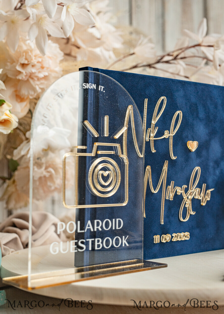 HOCHZEITS-GÄSTEBÜCHER Instax Sofortbildbuch Marinblaues Gold Acryl-Hochzeitsgastbuch mit personalisiertem Signaturset, Samt Dunkelblau Sofortbildbuch Boho Elegantes Instax Hochzeitsfoto-Gästebuch