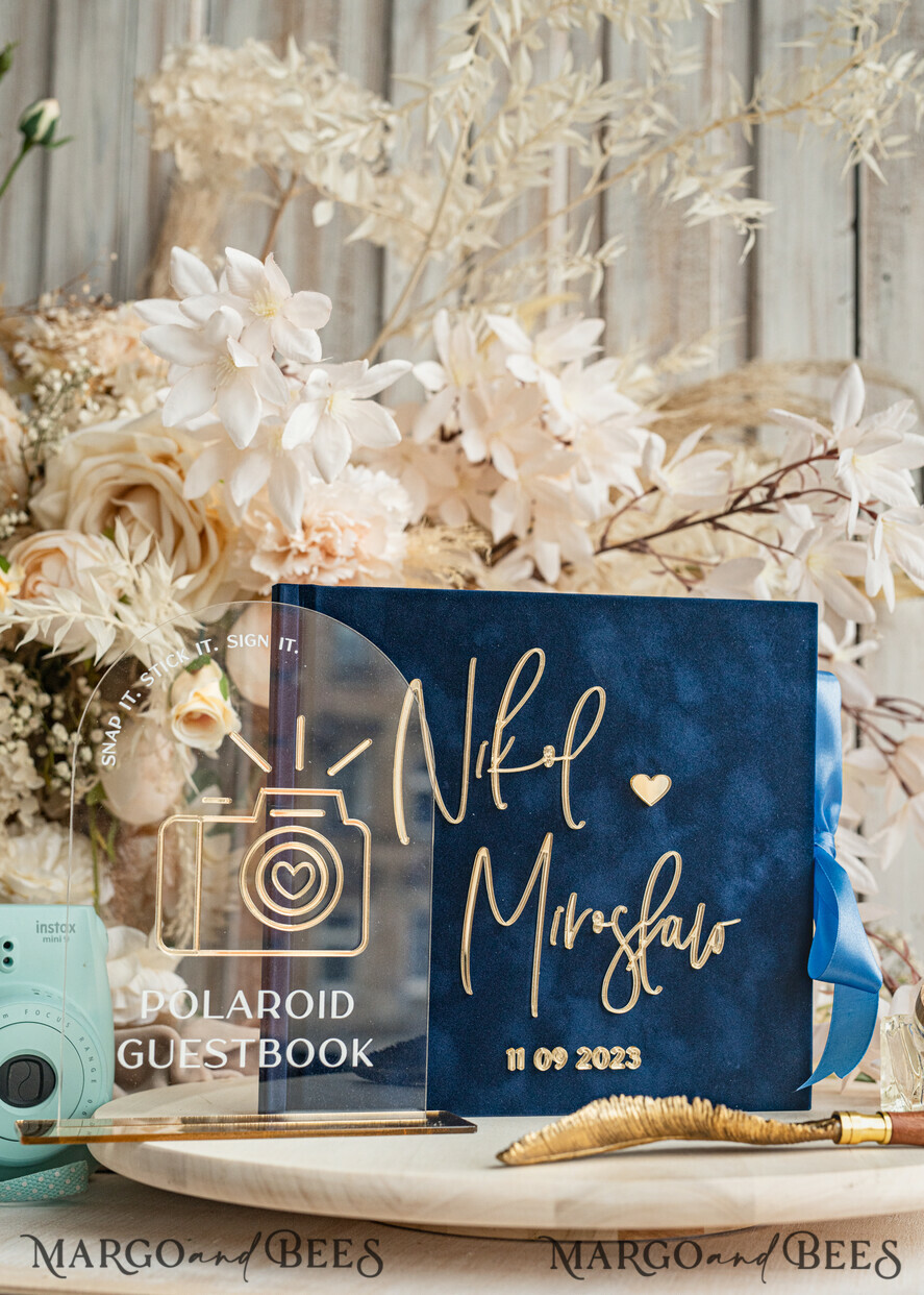 HOCHZEITS-GÄSTEBÜCHER Instax Sofortbildbuch Marinblaues Gold Acryl-Hochzeitsgastbuch mit personalisiertem Signaturset, Samt Dunkelblau Sofortbildbuch Boho Elegantes Instax Hochzeitsfoto-Gästebuch