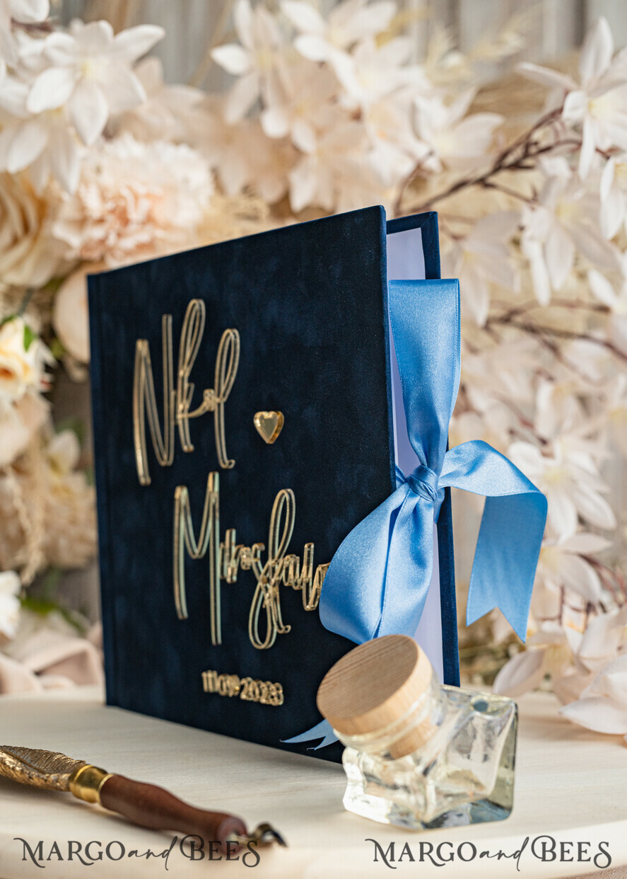 HOCHZEITS-GÄSTEBÜCHER Instax Sofortbildbuch Marinblaues Gold Acryl-Hochzeitsgastbuch mit personalisiertem Signaturset, Samt Dunkelblau Sofortbildbuch Boho Elegantes Instax Hochzeitsfoto-Gästebuch