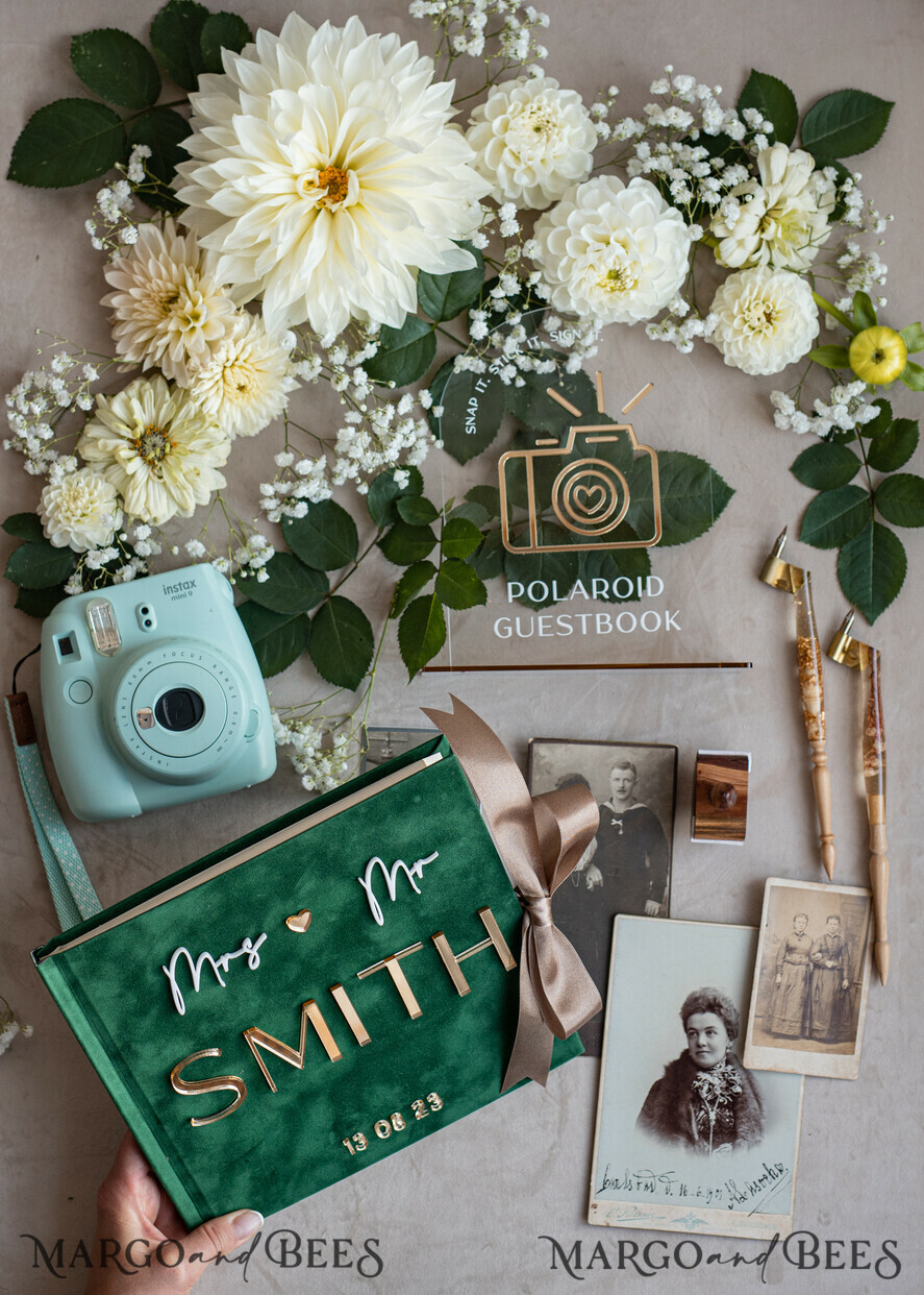 HOCHZEITS-GÄSTEBÜCHER Instax Sofortbildbuch Smaragdgrünes Gold-Acryl-Hochzeitsgästebuch mit personalisiertem Unterschriften-Set, Samtgrünpflanzen Sofortbildbuch Boho Elegantes Instax-Hochzeitsfoto-Gästebuch