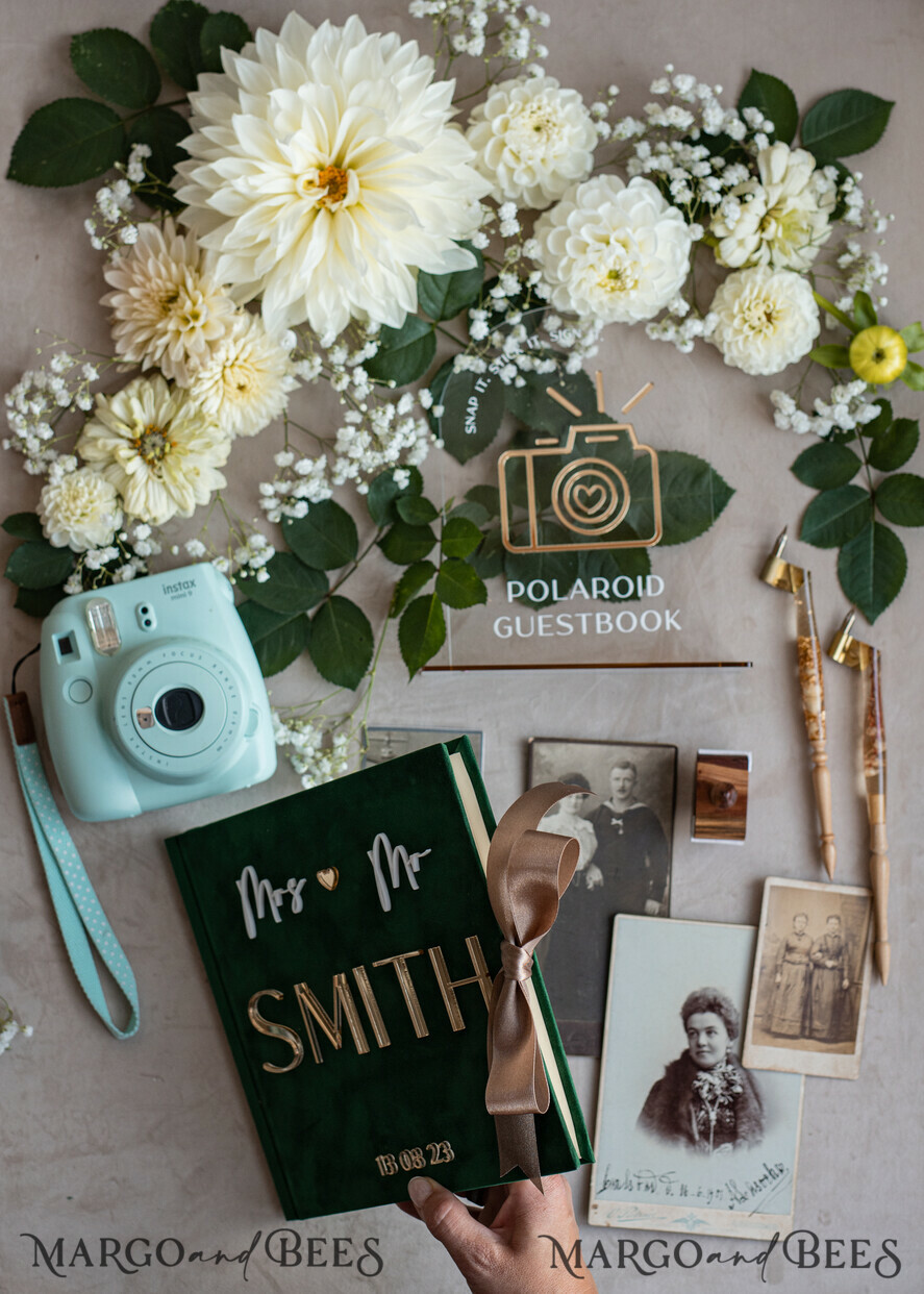 HOCHZEITS-GÄSTEBÜCHER Instax Sofortbildbuch Smaragdgrünes Gold-Acryl-Hochzeitsgästebuch mit personalisiertem Unterschriften-Set, Samtgrünpflanzen Sofortbildbuch Boho Elegantes Instax-Hochzeitsfoto-Gästebuch