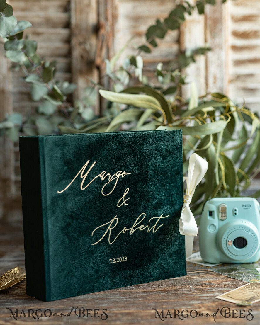 HOCHZEITS-GÄSTEBÜCHER Instax Sofortbildbuch Luxuriöses Hochzeits-Gästebuch, Smaragdgrünes Gold-Velours Sofortbildbuch, Elegantes Grünpflanzen Instax Hochzeitsfoto-Gästebuch