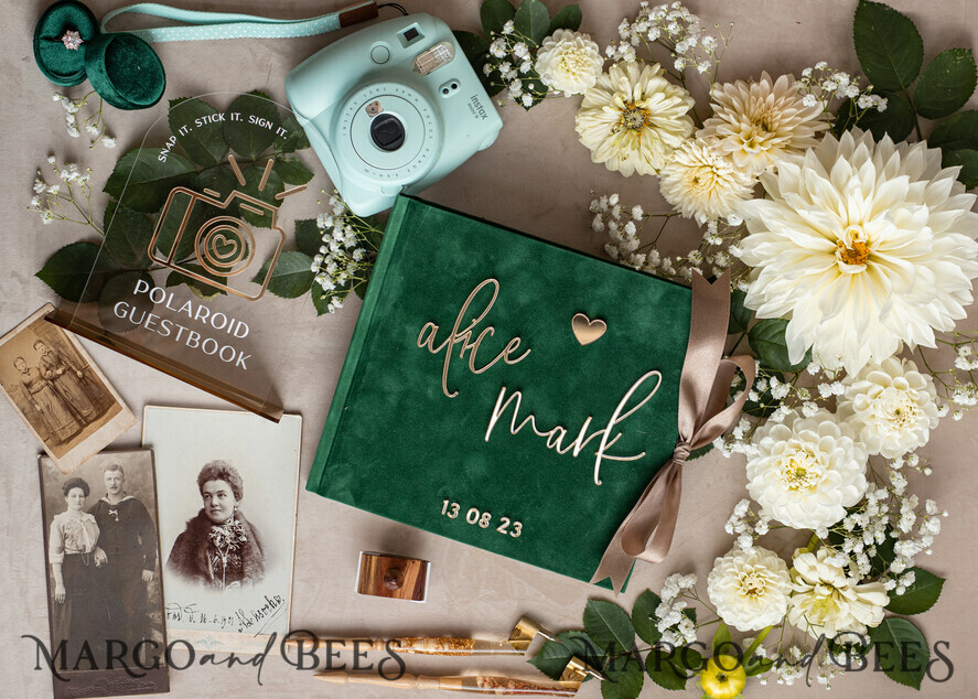 HOCHZEITS-GÄSTEBÜCHER Instax Sofortbildbuch Smaragdgrünes Gold-Acryl-Hochzeitsgästebuch personalisiert und signiert, Samtgrüne Gartenpflanzen Sofortfoto-Buch Boho Elegantes Instax-Hochzeitsfoto-Gästebuch