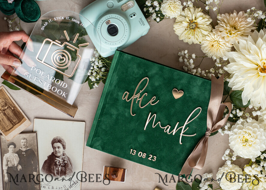 HOCHZEITS-GÄSTEBÜCHER Instax Sofortbildbuch Smaragdgrünes Gold-Acryl-Hochzeitsgästebuch personalisiert und signiert, Samtgrüne Gartenpflanzen Sofortfoto-Buch Boho Elegantes Instax-Hochzeitsfoto-Gästebuch