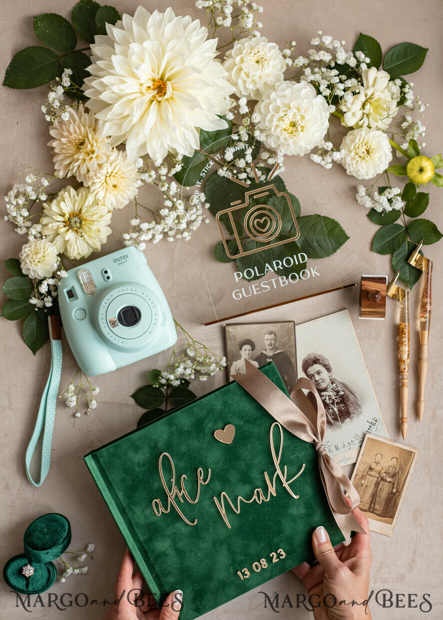 HOCHZEITS-GÄSTEBÜCHER Instax Sofortbildbuch Smaragdgrünes Gold-Acryl-Hochzeitsgästebuch personalisiert und signiert, Samtgrüne Gartenpflanzen Sofortfoto-Buch Boho Elegantes Instax-Hochzeitsfoto-Gästebuch
