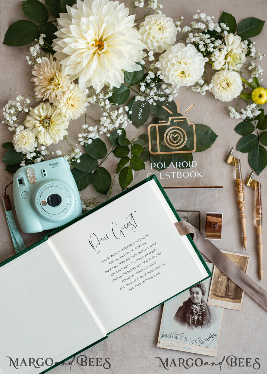 HOCHZEITS-GÄSTEBÜCHER Instax Sofortbildbuch Smaragdgrünes Gold-Acryl-Hochzeitsgästebuch personalisiert und signiert, Samtgrüne Gartenpflanzen Sofortfoto-Buch Boho Elegantes Instax-Hochzeitsfoto-Gästebuch