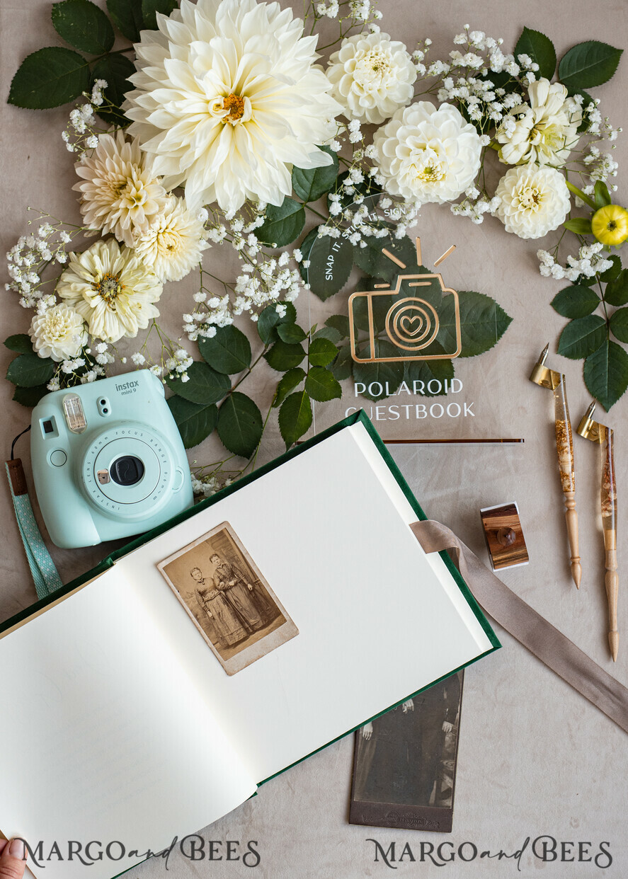 HOCHZEITS-GÄSTEBÜCHER Instax Sofortbildbuch Smaragdgrünes Gold-Acryl-Hochzeitsgästebuch personalisiert und signiert, Samtgrüne Gartenpflanzen Sofortfoto-Buch Boho Elegantes Instax-Hochzeitsfoto-Gästebuch