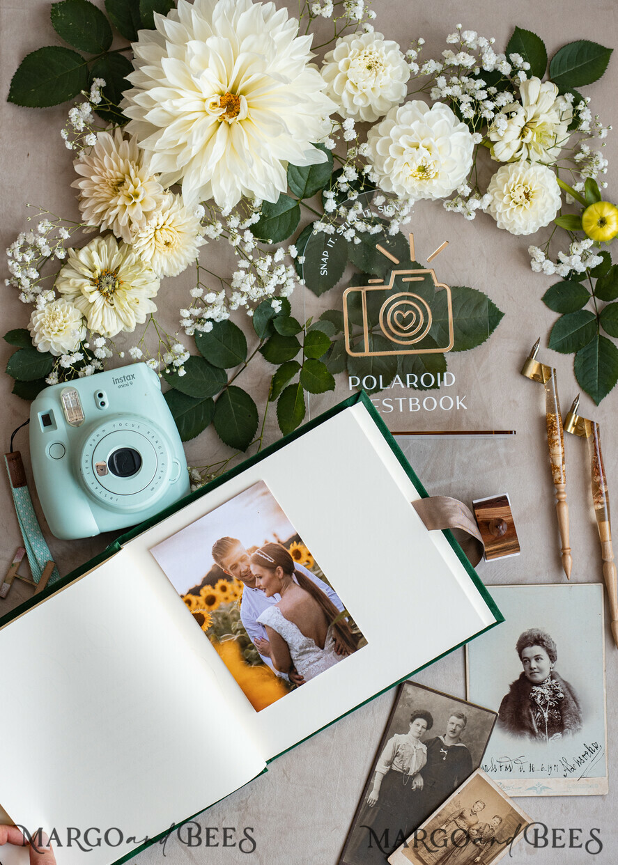 HOCHZEITS-GÄSTEBÜCHER Instax Sofortbildbuch Smaragdgrünes Gold-Acryl-Hochzeitsgästebuch personalisiert und signiert, Samtgrüne Gartenpflanzen Sofortfoto-Buch Boho Elegantes Instax-Hochzeitsfoto-Gästebuch