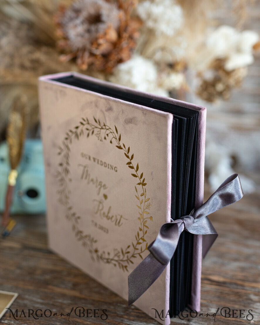 HOCHZEITS-GÄSTEBÜCHER Instax Sofortbildbuch Luxuriöses Blush-Pink Hochzeitsgäste Buch, Pink-Gold Samt Sofortbildbuch, Elegantes Samt Instax Hochzeitsfoto-Gästebuch mit schwarzen Seiten.