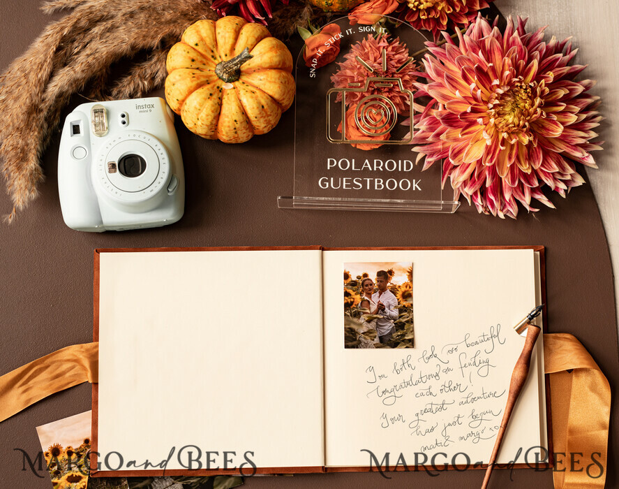 HOCHZEITS-GÄSTEBÜCHER Instax Sofortbildbuch Fall Terracotta Gold Acryl Hochzeits-Gästebuch Personalisiert, Samt Rost Sofortbildbuch Boho Elegant Instax Hochzeitsfoto Gästebuch