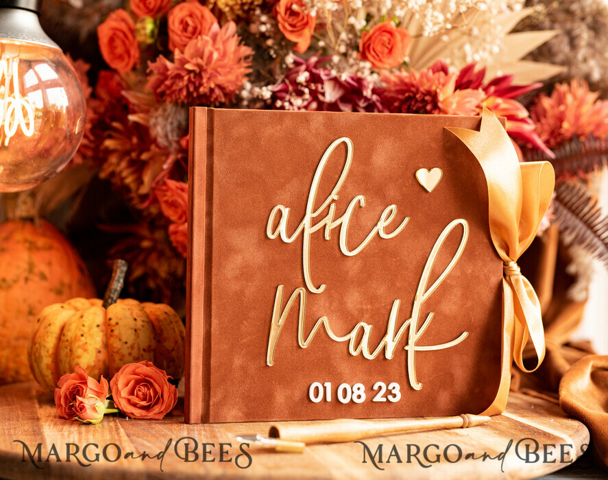 HOCHZEITS-GÄSTEBÜCHER Instax Sofortbildbuch Fall Terracotta Gold Acryl Hochzeits-Gästebuch Personalisiert, Samt Rost Sofortbildbuch Boho Elegant Instax Hochzeitsfoto Gästebuch