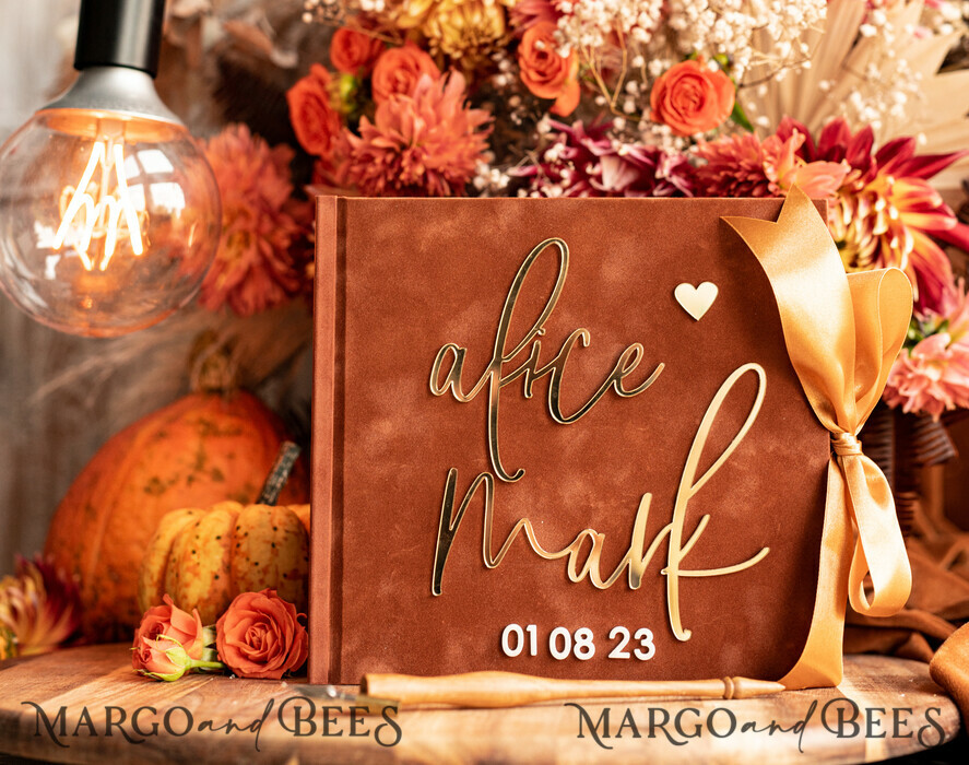 HOCHZEITS-GÄSTEBÜCHER Instax Sofortbildbuch Fall Terracotta Gold Acryl Hochzeits-Gästebuch Personalisiert, Samt Rost Sofortbildbuch Boho Elegant Instax Hochzeitsfoto Gästebuch