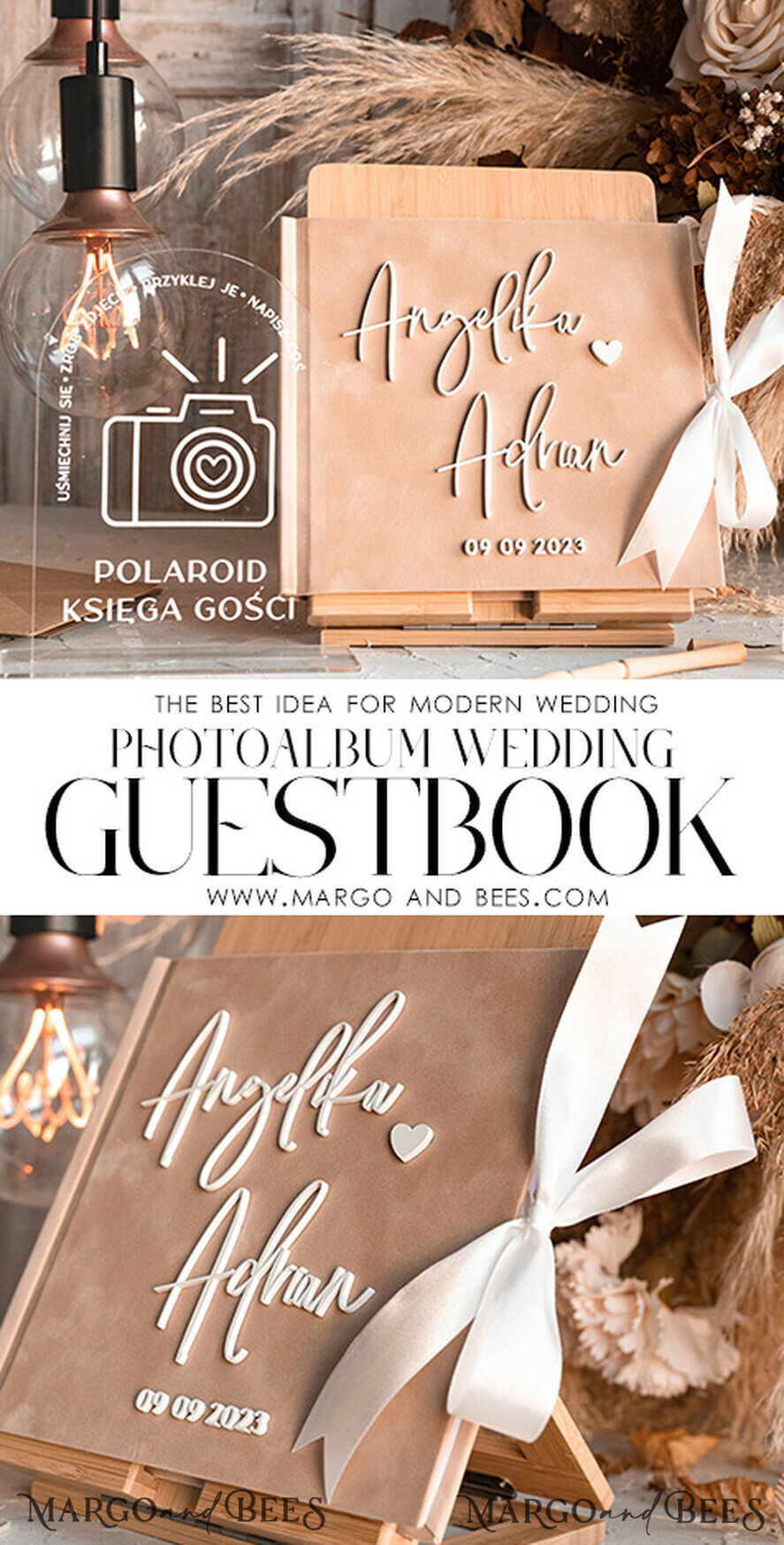 HOCHZEITS-GÄSTEBÜCHER Instax Sofortbildbuch Hochzeit Beige Gästebuch Personalisierte und Unterschriften-Set, Samt Sofortbildbuch Boho Elegantes Instax Hochzeitsfoto Gästebuch