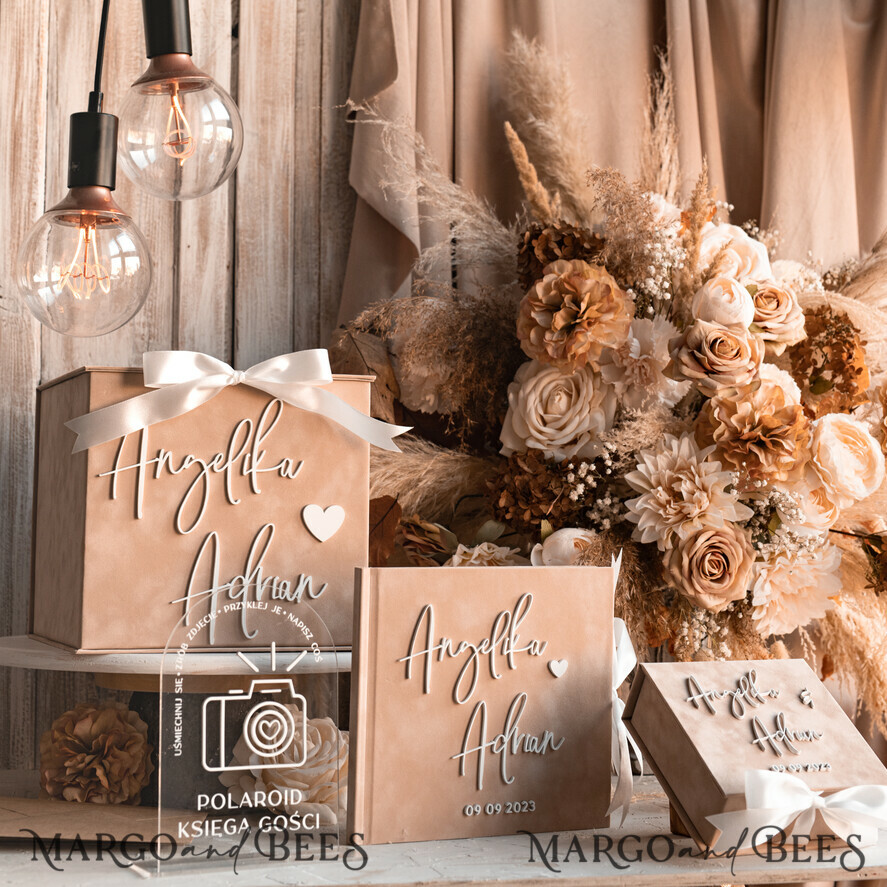HOCHZEITS-GÄSTEBÜCHER Instax Sofortbildbuch Hochzeit Beige Gästebuch Personalisierte und Unterschriften-Set, Samt Sofortbildbuch Boho Elegantes Instax Hochzeitsfoto Gästebuch