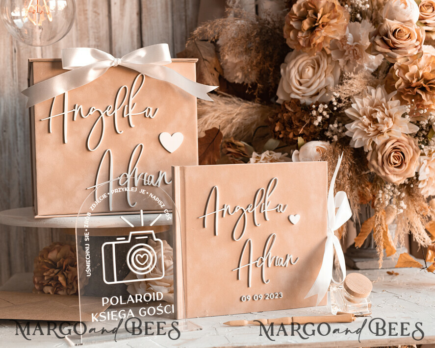 HOCHZEITS-GÄSTEBÜCHER Instax Sofortbildbuch Hochzeit Beige Gästebuch Personalisierte und Unterschriften-Set, Samt Sofortbildbuch Boho Elegantes Instax Hochzeitsfoto Gästebuch
