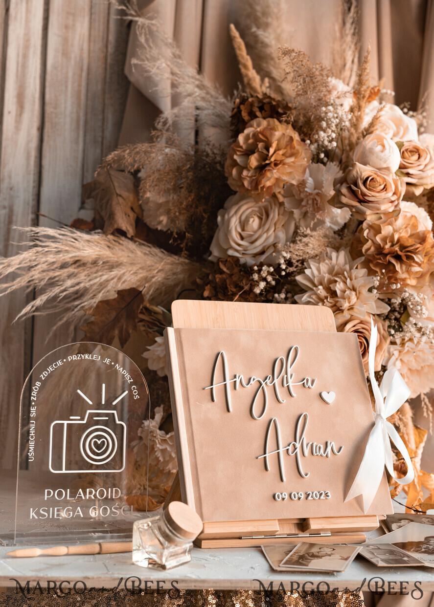 HOCHZEITS-GÄSTEBÜCHER Instax Sofortbildbuch Hochzeit Beige Gästebuch Personalisierte und Unterschriften-Set, Samt Sofortbildbuch Boho Elegantes Instax Hochzeitsfoto Gästebuch